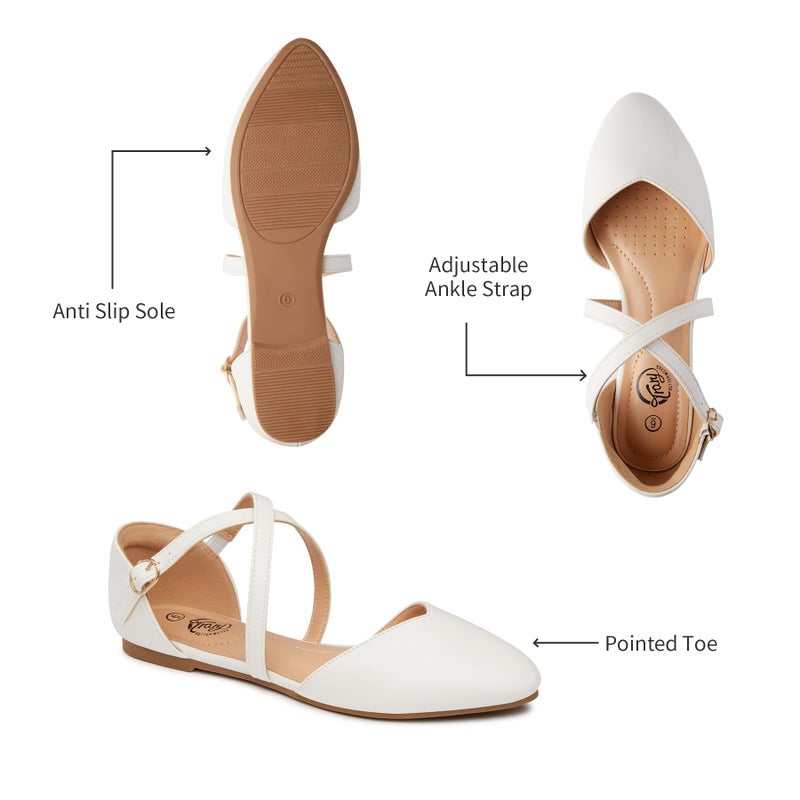 Trary White Mary Jane Flats for Women, Pointed Toe PU Leather Ballet Flats with Double Cross Ankle Straps, Comfortable Casual Dress Shoes Size 9 - Image 3